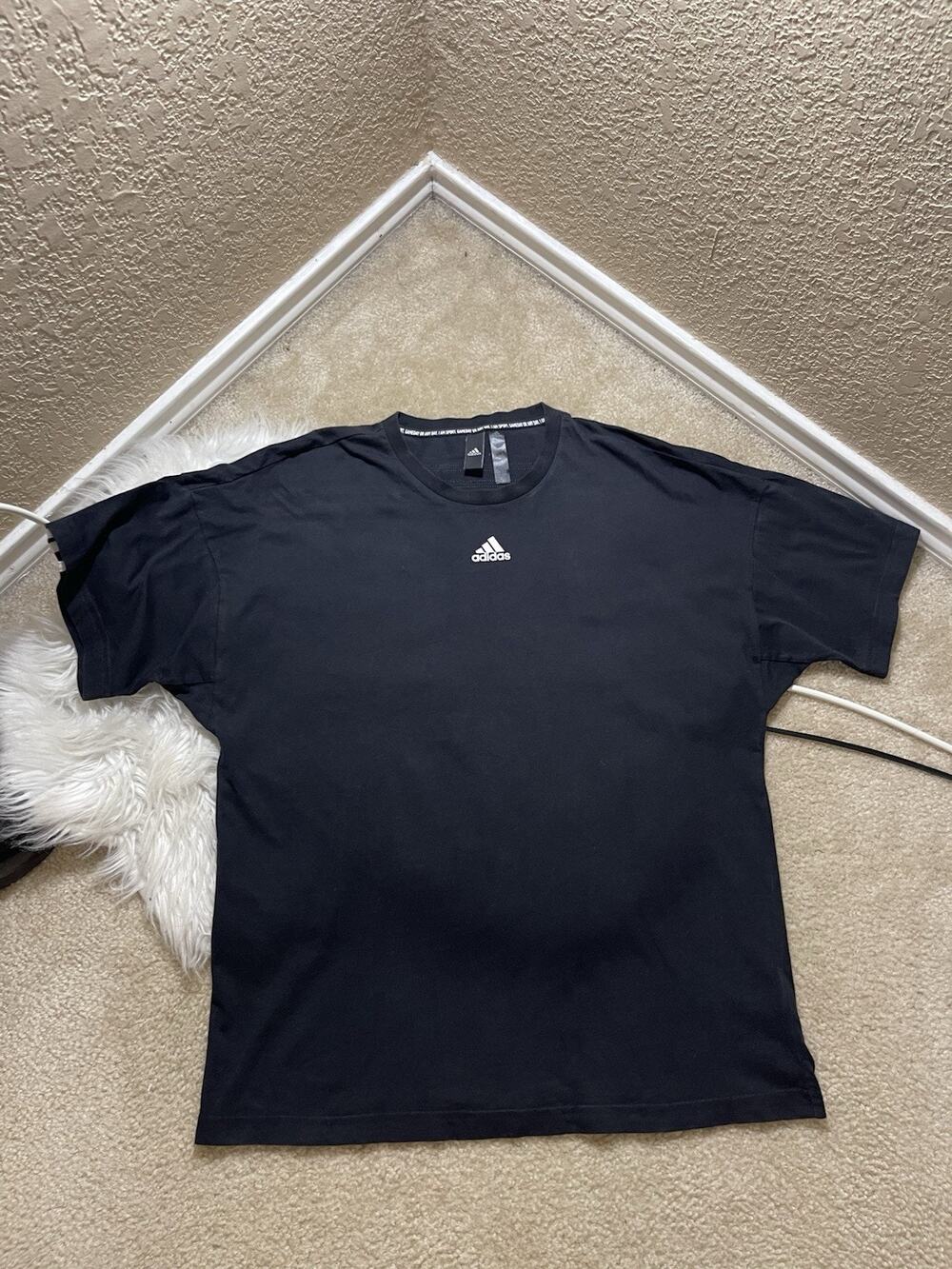 Adidas Mens L Black 3-Stripes Center Logo Tee Crewneck Sports Cotton Training